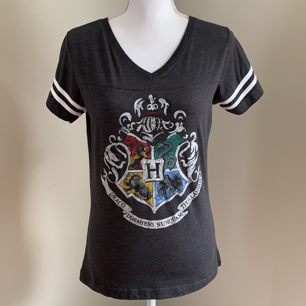 Warner Bros. Black Hogwarts Crest V-Neck Tee with White Sleeve Stripes